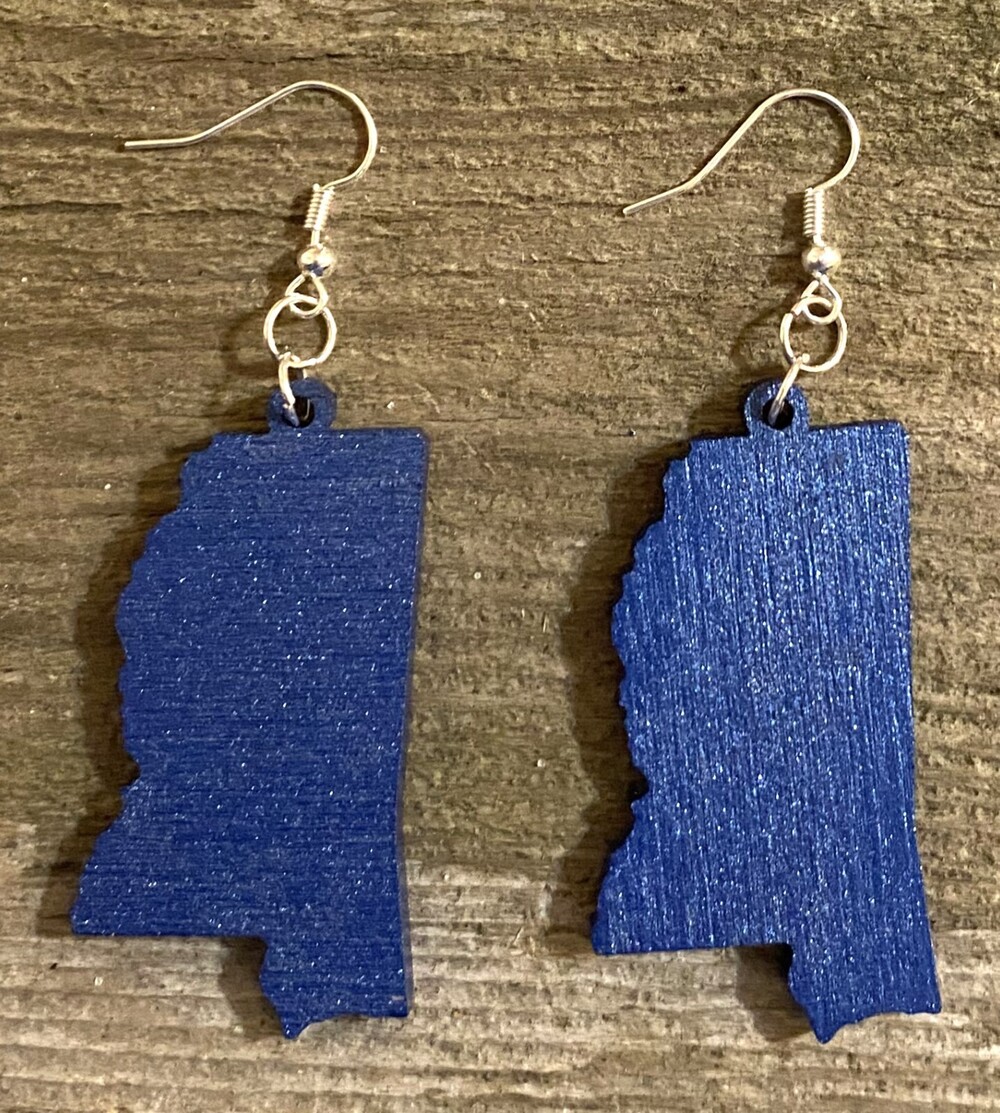 Wood Earrings - 2" x 1.16" - Mississippi - Blue Metallic - E016-03